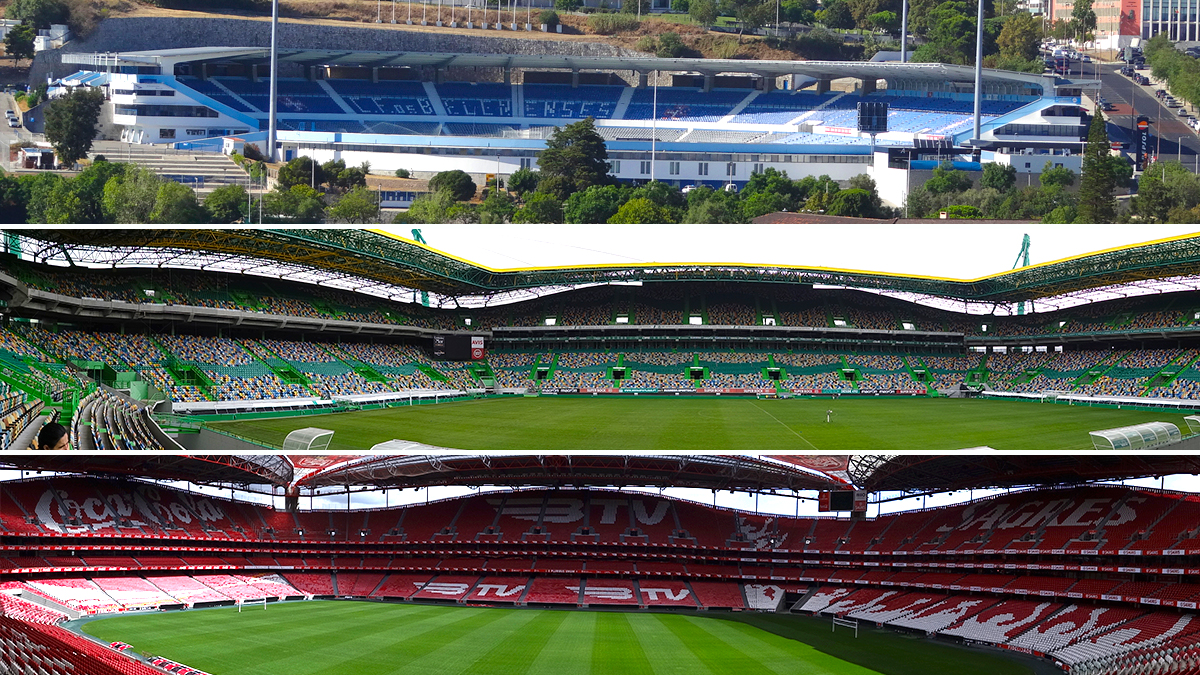 De arriba abajo: Estadio del Restelo, de Os Belenenses; Estadio José Alvalade, del Sporting de Portugal; y Estadio da Luz, del Benfica / FOTOMONTAJE DE PdF
