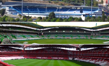 De arriba abajo: Estadio del Restelo, de Os Belenenses; Estadio José Alvalade, del Sporting de Portugal; y Estadio da Luz, del Benfica / FOTOMONTAJE DE PdF