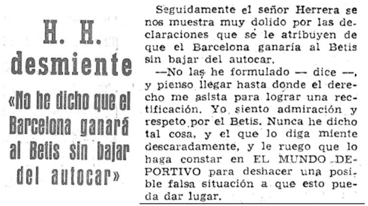 Helenio Herrera desmiente que dijera que el Barcelona ganaría al Betis sin bajar del autocar / 'EL MUNDO DEPORTIVO'