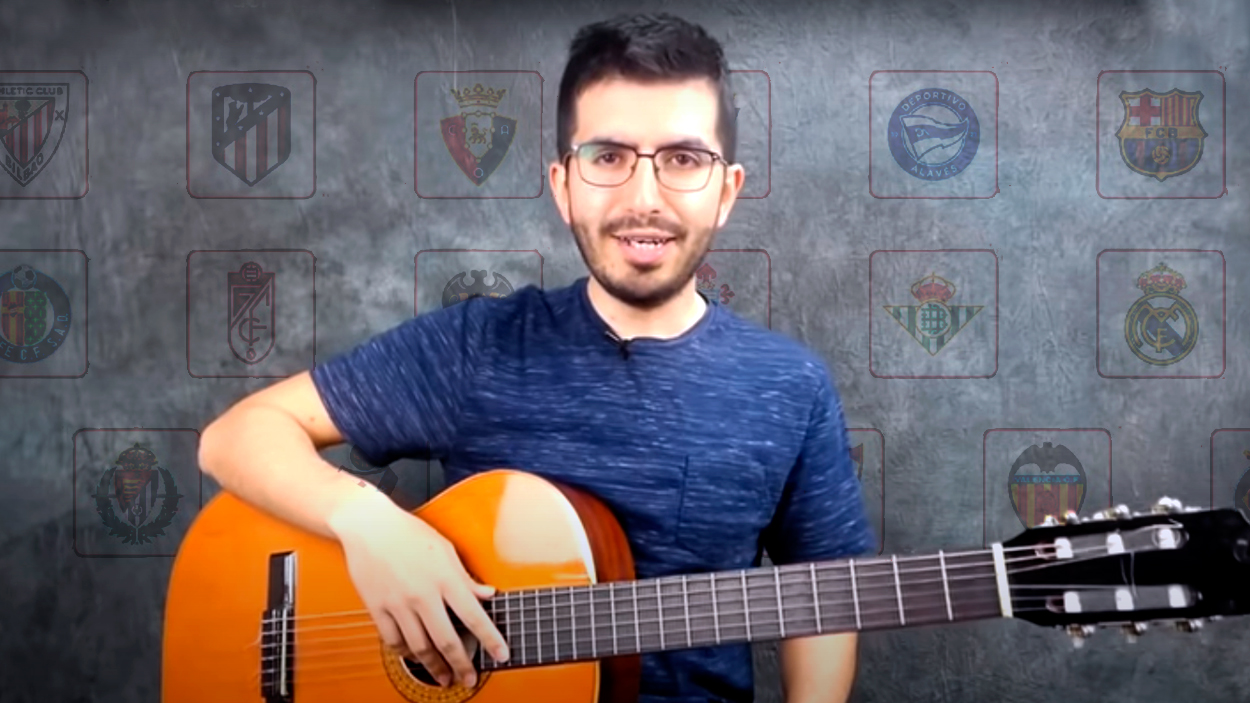 Felipe Muñoz, profesor de guitarra, con los escudos de los clubes de la Liga 2020-21 / FOTOMONTAJE DE PdF