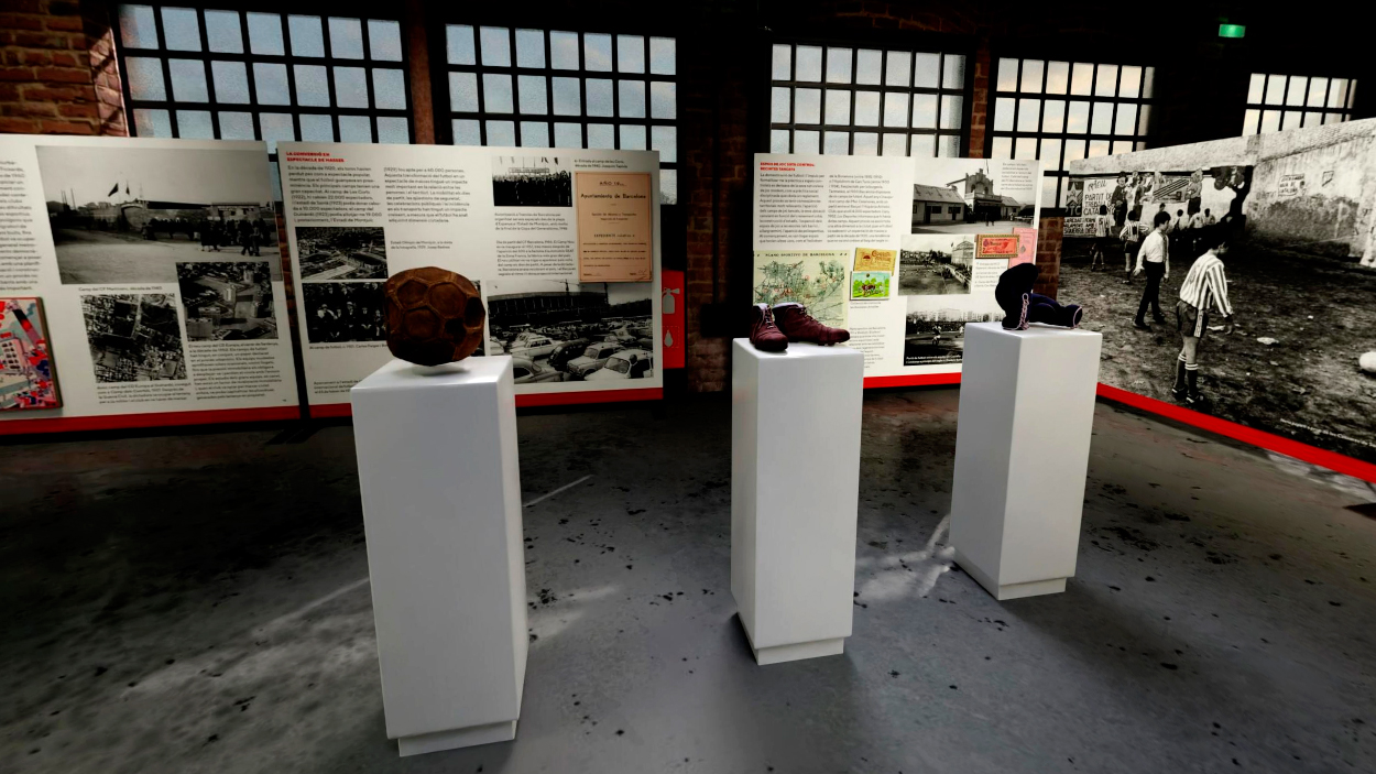 Exposición 'Barcelona & fútbol' | Balón de fútbol antiguo, botas de fútbol antiguas y guantes de boxeo / PdF