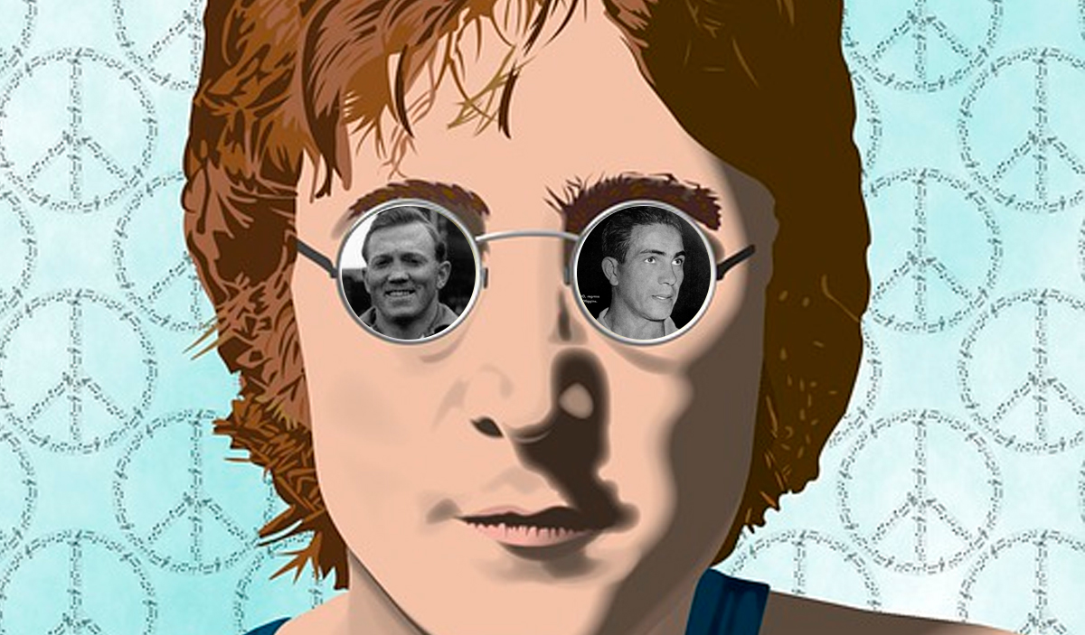 John Lennon, con los futbolistas Albert Stubbins (i) y Jorge Robledo (d) en sus gafas / FOTOMONTAJE DE PdF