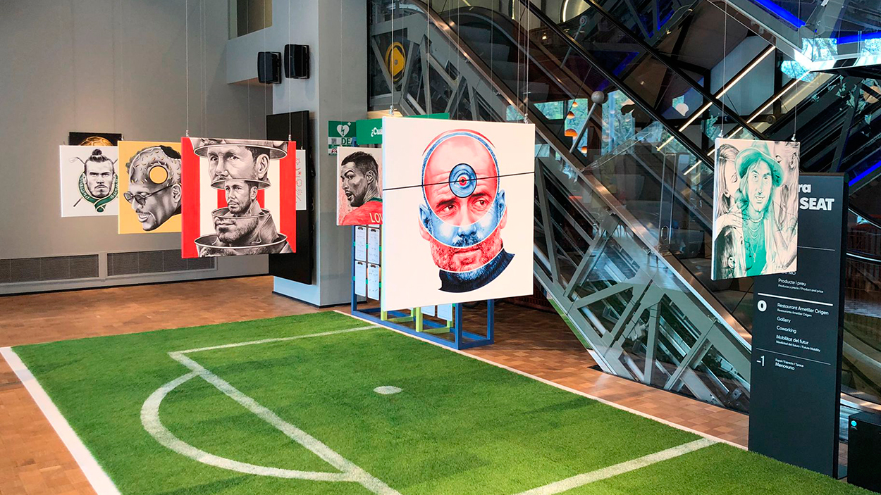 Guardiola, Best, Ronaldo, Simeone, Cristiano Ronaldo y Bale, dibujados por Guillem Bosch, en la exposición 'Football. Art. Icons' de Casa Seat / PdF