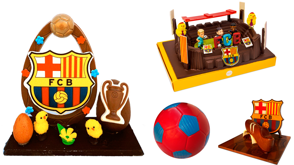 Mona del Barça de la pastelería La Palma (i), Camp Nou con muñecos de futbolistas de la pastelería Nachta, y figuras de chocolate de Bocí