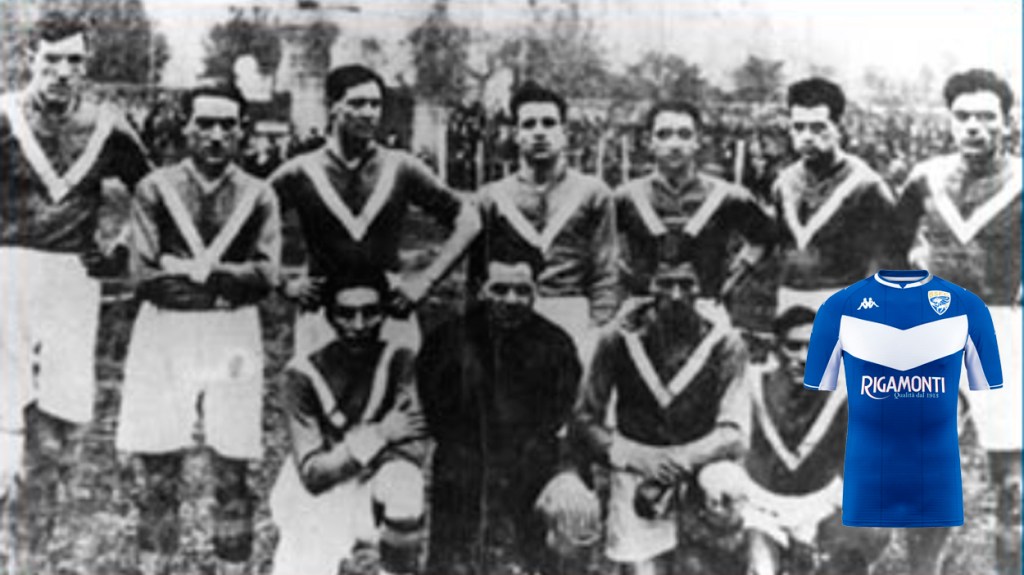El equipo del Brescia en el año 1927-28 y una camiseta de la temporada 2021-22 / BRESCIABrescia