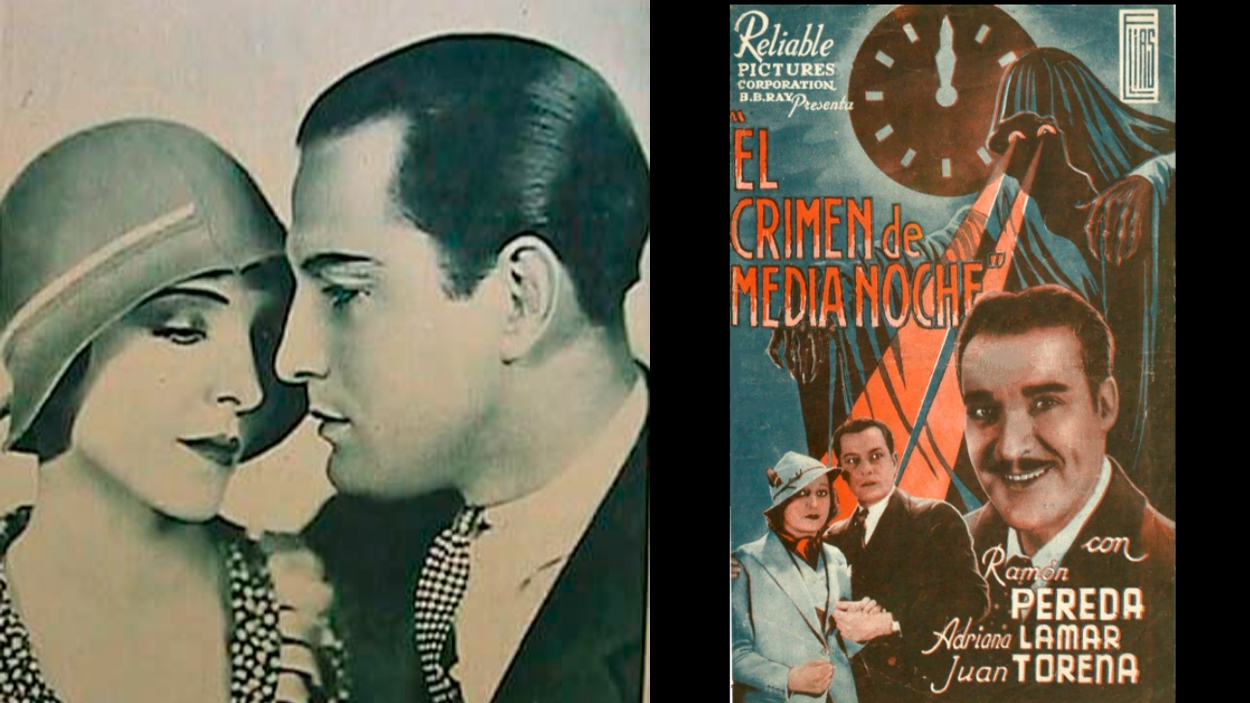 Juan Torena con Mona Maris en 'Del mismo barro' (1930) y cartel de 'El crimen de medianoche' (1936), con el exfutbolista en primer plano