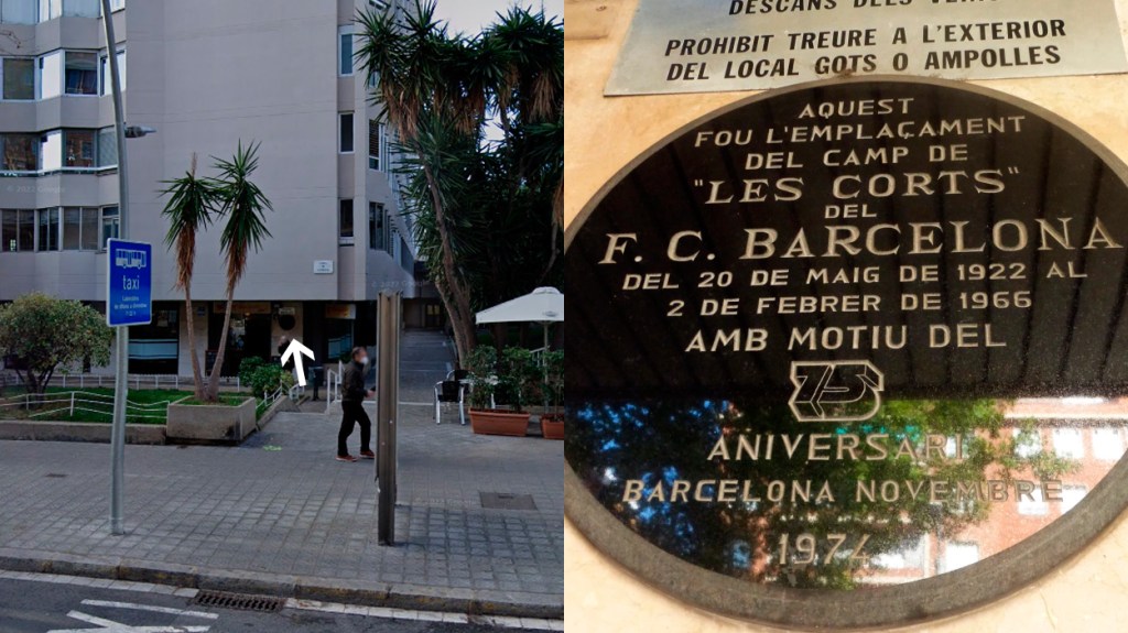 Una placa en la calle Numancia de Barcelona recuerda dónde estuvo el campo de Les Corts del Barça