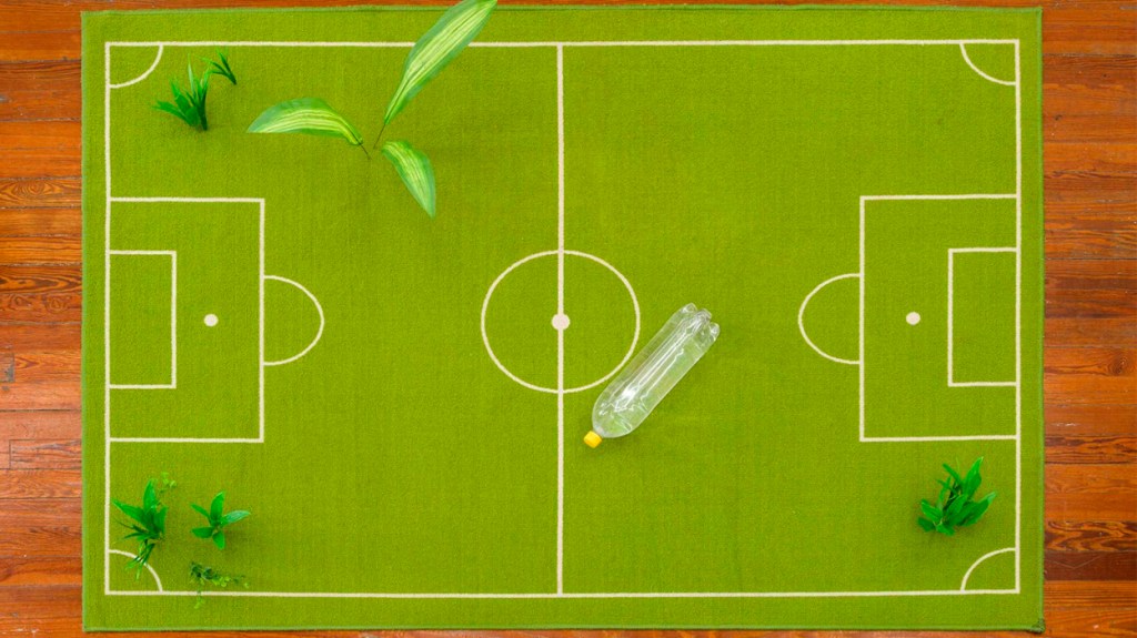 Alfombra sintética, plantas de plástico y botellas, de Alfredo Dufour / CEDIDA