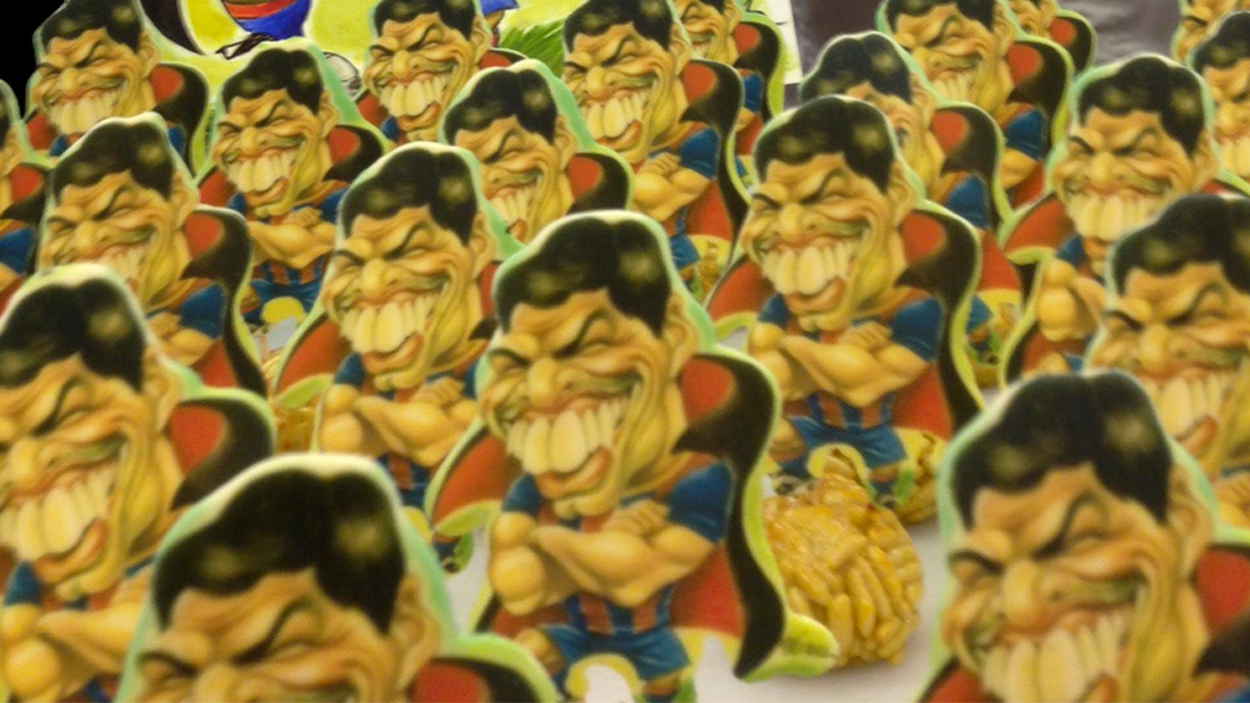 Caricatura de Luis Suárez hecha por Joan Vizcarra para los panellets de Escribà / CEDIDA