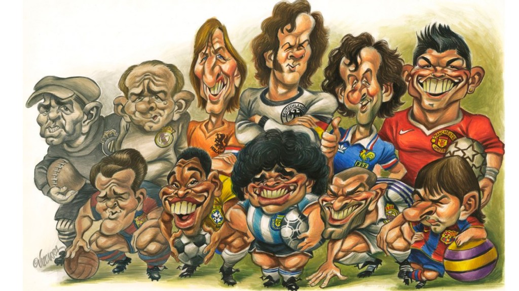 De arriba abajo y de izquierda a derecha, los mejores futbolistas de la historia, caricaturizados: Lev Yashin, Di Stéfano, Cruyff, Beckenbauer, Platini, Cristiano Ronaldo, Kubala, Pelé, Maradona, Zidane y Messi / JOAN VIZCARRA