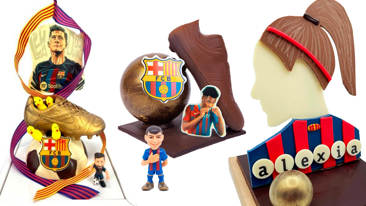 Monas de Pascua de Lewandowsk (Escribà), Ansu (Pa Artesà), Alexia (Xocopunt) y muñeco de Pedri / FOTOMONTAJE DE PdF