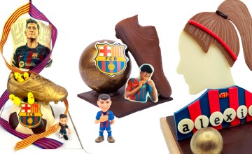 Monas de Pascua de Lewandowsk (Escribà), Ansu (Pa Artesà), Alexia (Xocopunt) y muñeco de Pedri / FOTOMONTAJE DE PdF