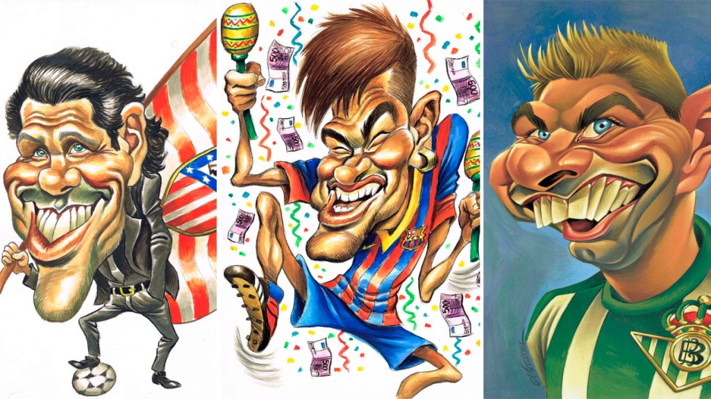 Caricaturas de Simeone con la bandera del Atlético, Neymar con la camiseta del Barça y Joaquín con el uniforme del Betis / JOAN VIZCARRA