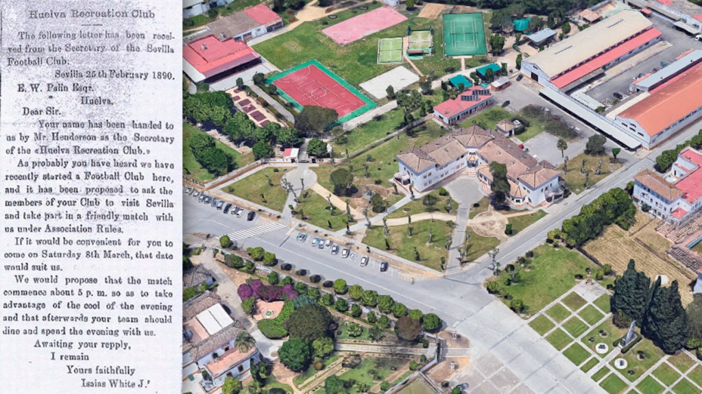 La carta que el Club de Football de Sevilla envió al Huelva Recreation Club para disputar un amistoso en 1890 en los terrenos hoy ocupados por el Acuartelamiento Aéreo de Tablada / FOTOMONTAJE DE PdF