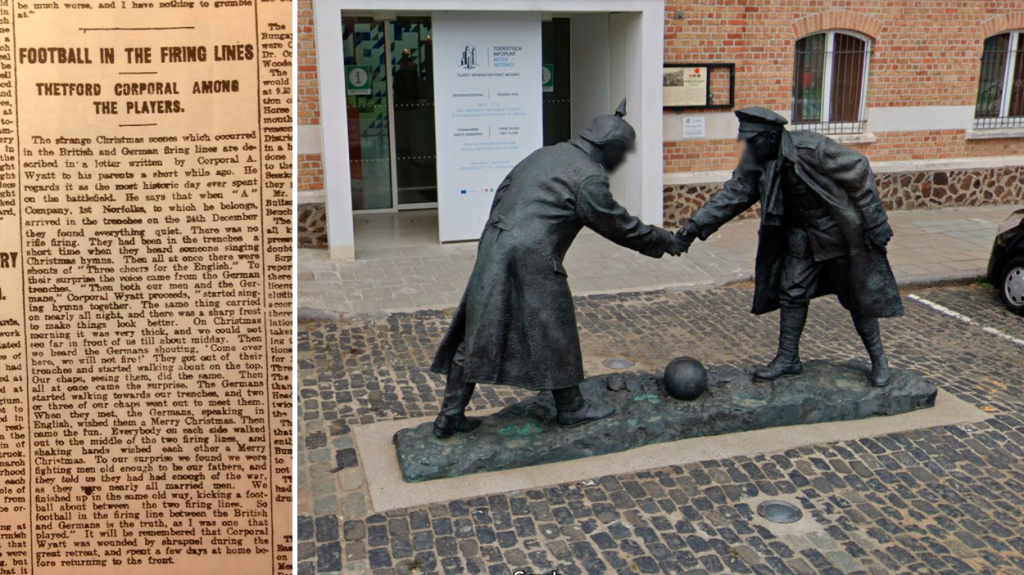 Recorte de periódico que menciona el partido de fútbol de la tregua de Navidad, y estatua conmemorativa de aquel día ubicada en Mesen (Bélgica)