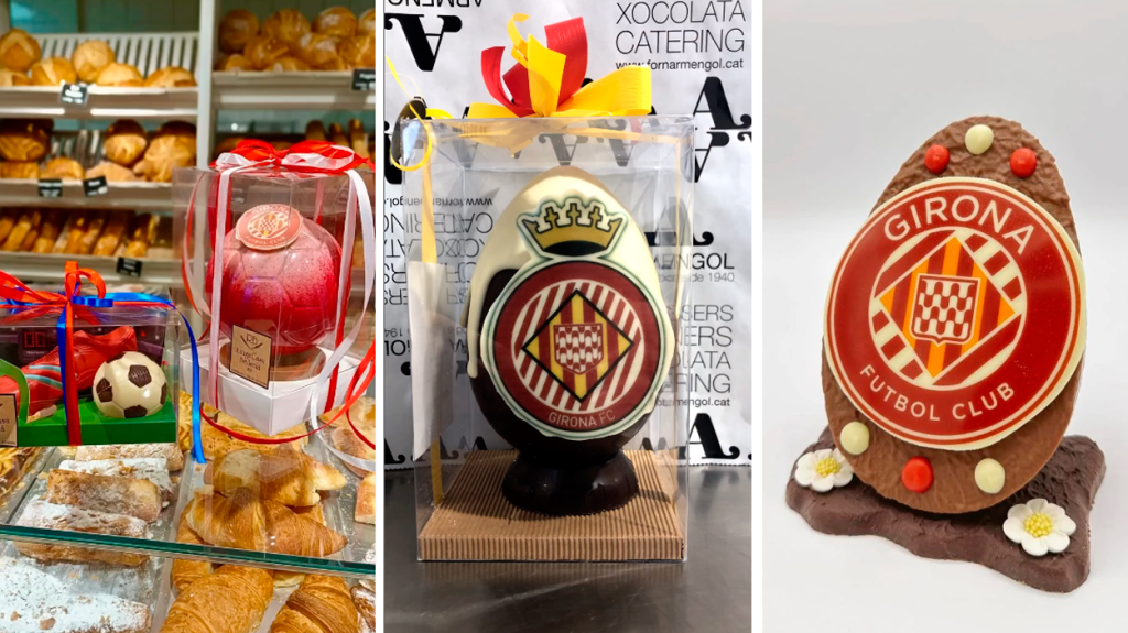 El Girona FC se gana un lugar destacado entre las monas de este año, creaciones de Antiga Casa Bellsolà (i), Forn Armengol (c) y Pastisseria La Palma (d) / PdF