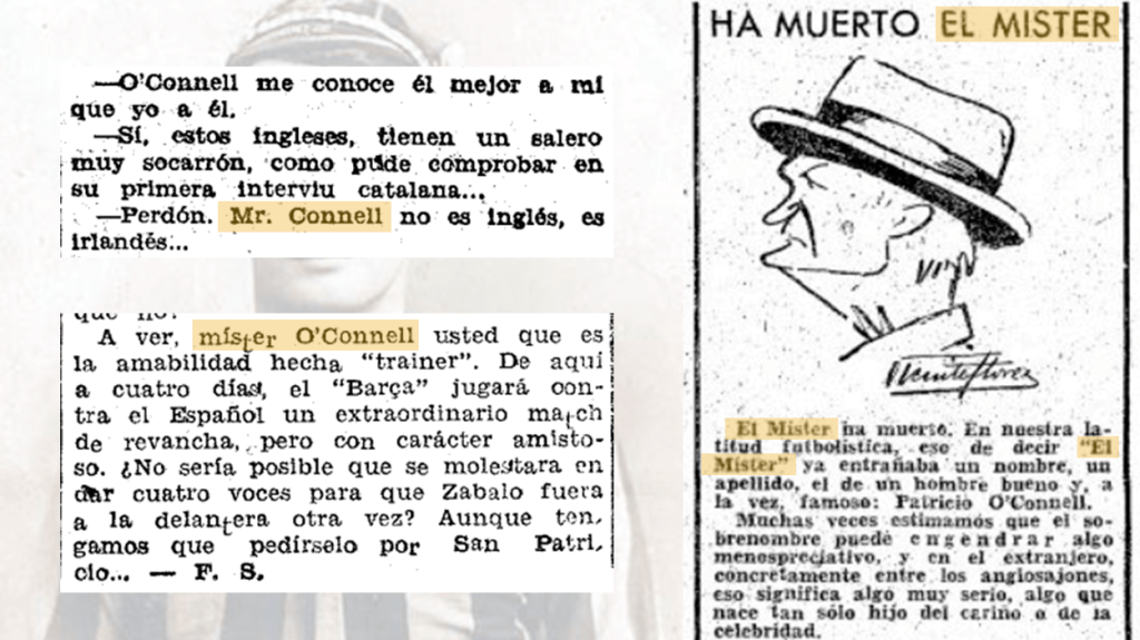 Dos recortes de 'El Mundo Deportivo' de 1935 y 1937 y el obituario del 'Abc' (1959) en los que se trata a O'Connell de 'míster'