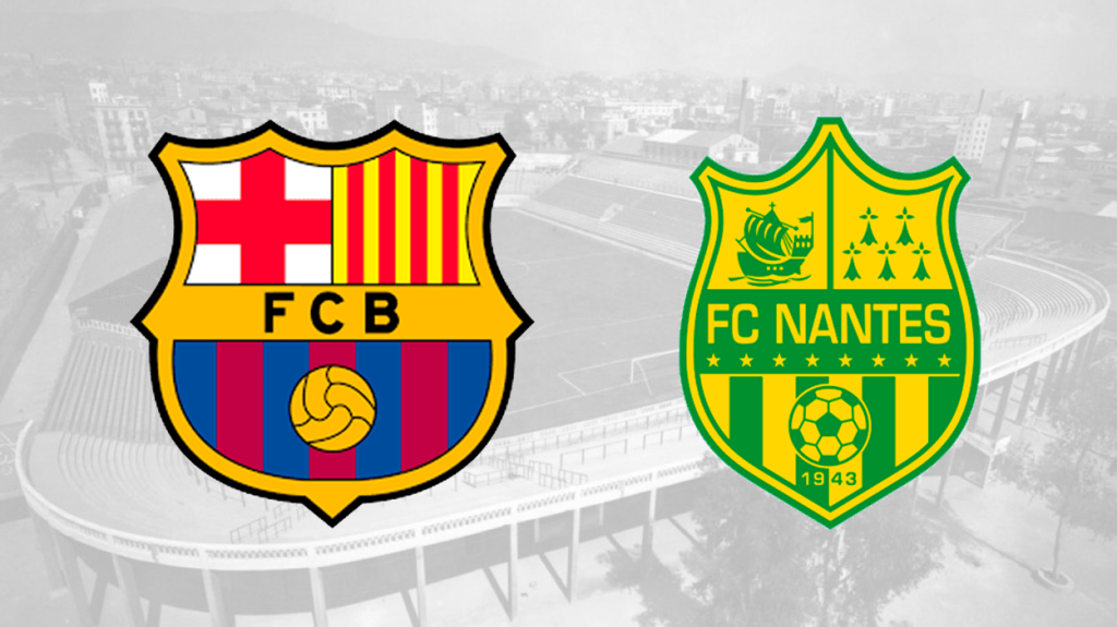 El reconocible escudo del FC Barcelona y la versión del emblema del Nantes inspirada en la enseña azulgrana