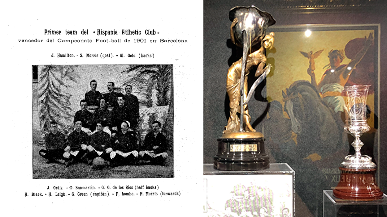 Los dos modelos de la Copa Macaya, en el Museo de la Real Federación Española de Fútbol, y el Hispania, primer ganador del concurso, en la portada de 'Los Deportes' / PdF