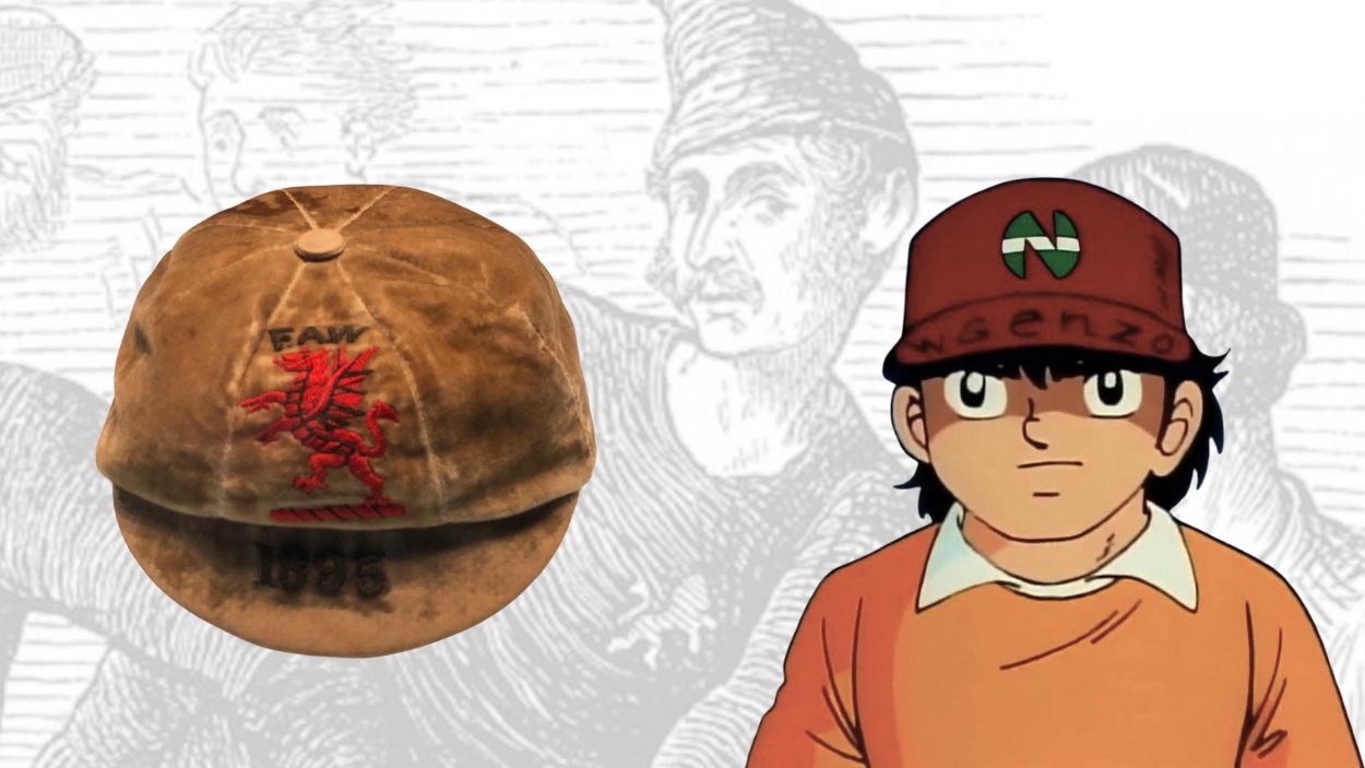 Una gorra de un futbolista de Gales de 1895 junto a Benji Price, sobre un dibujo del Inglaterra-Escocia de 1872 / Fotomontaje de PdF