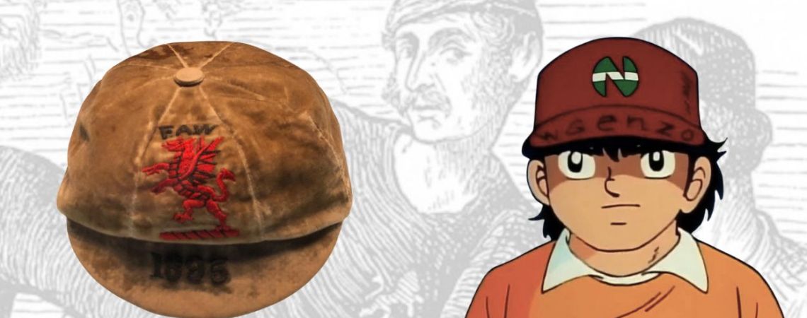 Una gorra de un futbolista de Gales de 1895 junto a Benji Price, sobre un dibujo del Inglaterra-Escocia de 1872 / Fotomontaje de PdF