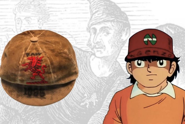Una gorra de un futbolista de Gales de 1895 junto a Benji Price, sobre un dibujo del Inglaterra-Escocia de 1872 / Fotomontaje de PdF