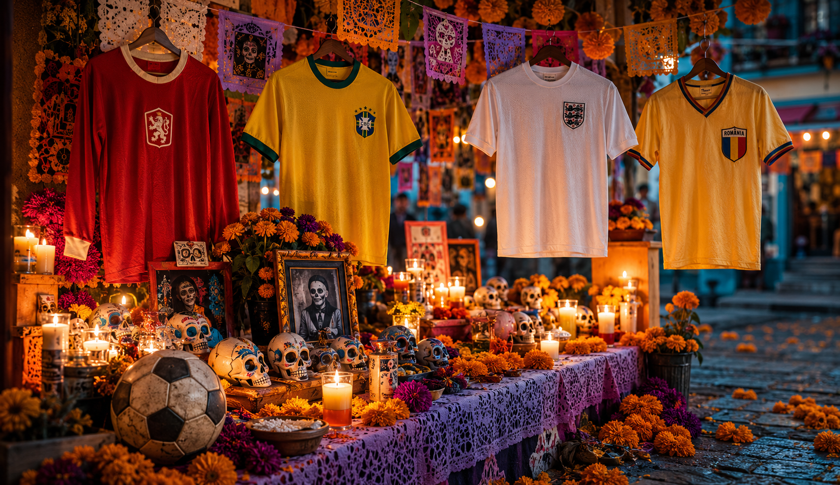 Un altar de muertos de México con las camisetas del grupo de la muerte del Mundial de 1970 / IA