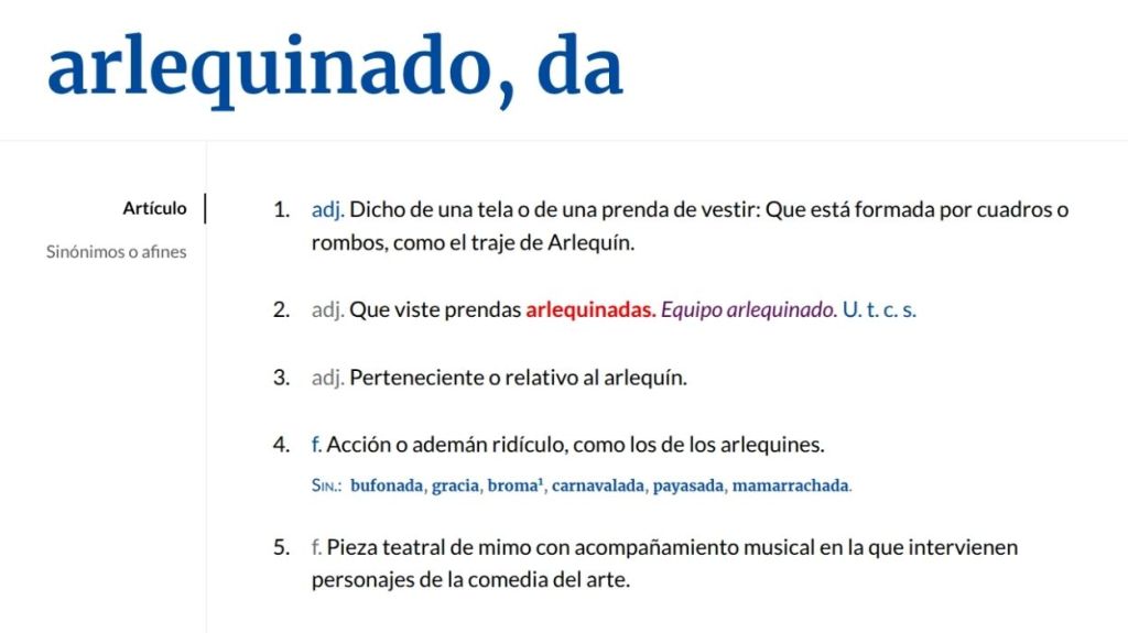 Las definiciones de arlequinado en el DLE